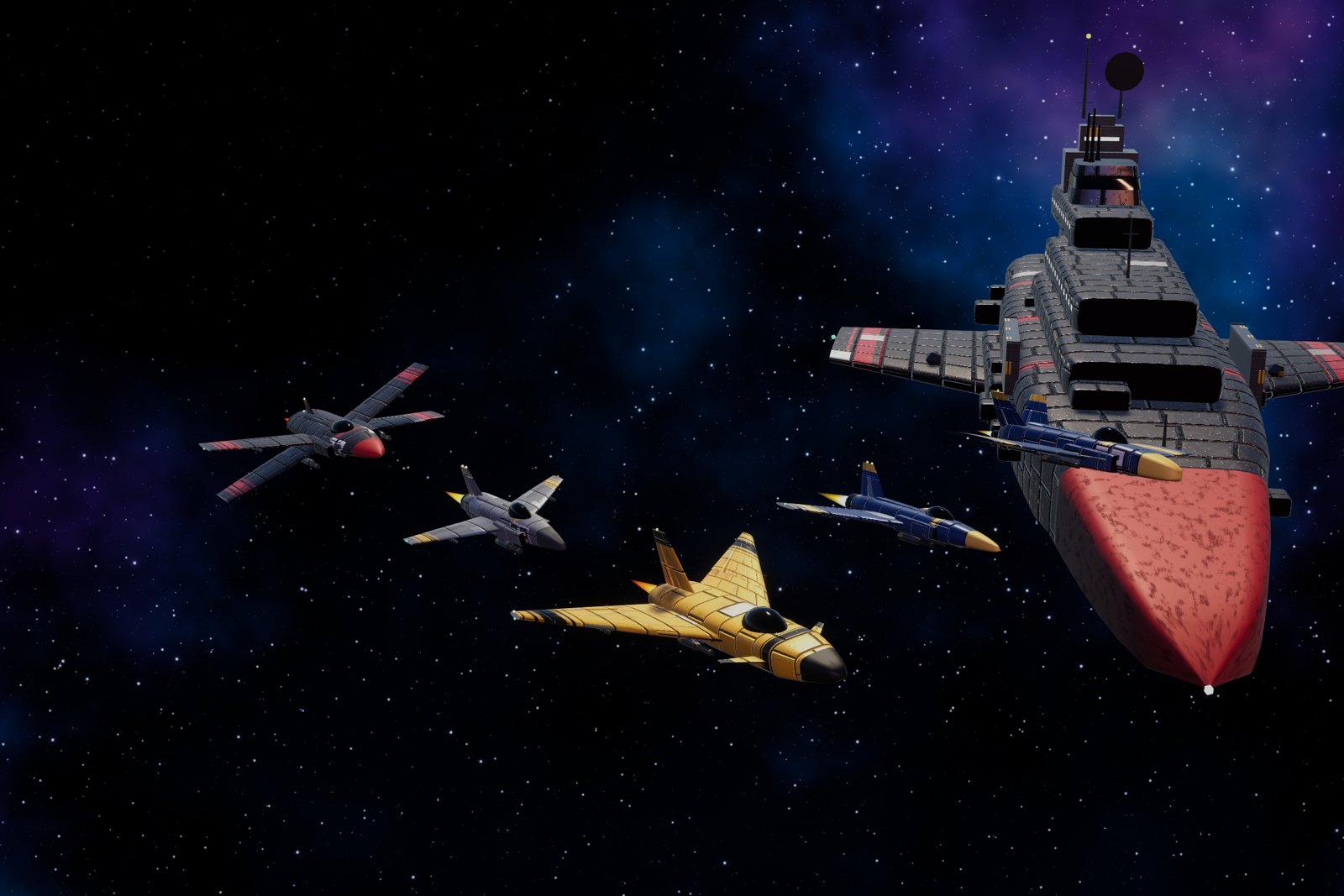 The Sovereign flagship with its red nose, flying with three fighters